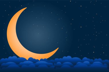 Gece yarısı ay, yıldızlar ve bulutlar. Fotokopi uzayı olan karanlık gece gökyüzü arkaplanı. Hilal ay ve yıldızlı gece gökyüzü. Noel gecesi. Ramazan Kareem posteri. Tatlı rüya konsepti. Stok vektör illüstrasyonu