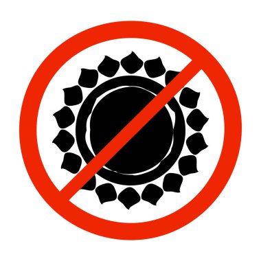 Beyaz arka planda izole edilmiş güneş işareti yok. Güneş ışığının yasak sembol olmasına izin verme. Kırmızı yuvarlak ikonu güneşli durdurun ya da yasaklayın. Güneş ışınlarından korunmak için. Güneş kremi konsepti. Direk güneş ışığından uzak dur. Stok vektör illüstrasyonu