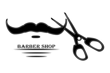 Berber dükkanı logosu beyaz arka planda izole edilmiş. Berber dükkanı için logotype. Erkek kuaförü tabelası için tasarım. Bıyıklı, makasla ve mesajla imzala. Erkek Güzellik Salonu reklamı. Tak vektör illüstrasyonu