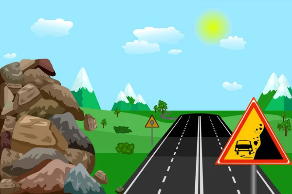 Warning Falling Rocks Sign Road Landscape Background Yellow Triangle Danger — Vettoriale Stock