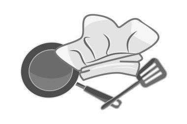 Şef logosu beyaz arka planda izole edilmiş. Şef şapkası, kızartması ve spatulası olan restoran ya da bistro sembolü. Aşçılık okulu ya da aşçılık kursu için amblem. Şef tabelası. Stok vektör illüstrasyonu