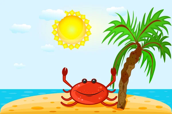 Sahilde Kırmızı Yengeç Tatlı Gülümseyen Yengeç Ada Palmiye Deniz Güneşli — Stok Vektör