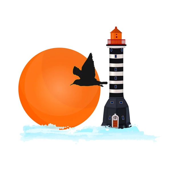 Deniz Logosu Beyaz Arka Planda Izole Edilmiş Deniz Feneri Güneş — Stok Vektör