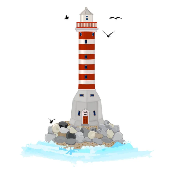 Lighthouse Isolated White Background Sea Lighthouse Island Stones Seagulls Water — Stock Vector