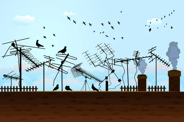 Ciel Bleu Avec Nuages Oiseaux Sur Toit Avec Nombreuses Antennes — Image vectorielle