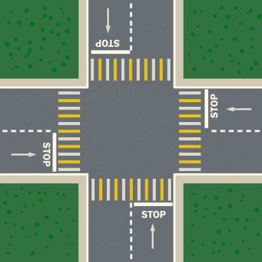 Kavşakta yaya geçidi var. İki yolun kesiştiği yer ve yol işaretleri üst tarafta. Boş yol kavşağı, zebra ve çimen. Caddeler kesişiyor, işaretler ve kaldırımlar yayalar için. Siyah asfaltta beyaz zebra çizgileri var. Şehir geçidi 