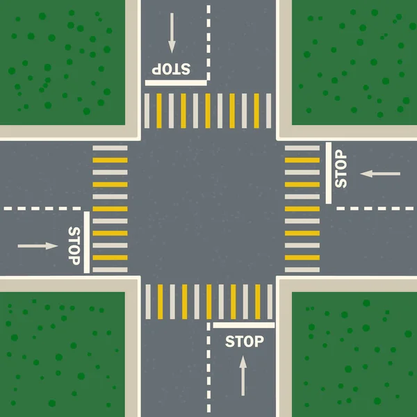 Kreuzung Mit Kreuzweg Kreuzung Zweier Straßen Und Fahrbahnmarkierungen Draufsicht Leere — Stockvektor