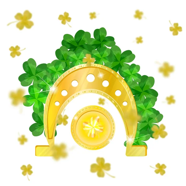 Goldenes Hufeisen Münze Und Glücksklee Auf Weißem Hintergrund Happy Patricks — Stockvektor
