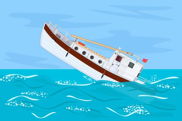 Tekne Denizde Batıyor Beyaz Gemi Suyun Altına Giriyor Balıkçı Gemisi — Stok Vektör