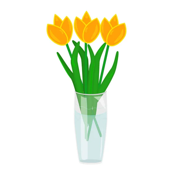 玻璃瓶与郁金香隔离在白色的背景 黄色的郁金香束在水杯里 春天的花朵 复活节花卉的构图 内部因素 3月8日 母亲节或情人节 花园绽放 种群矢量说明 — 图库矢量图片