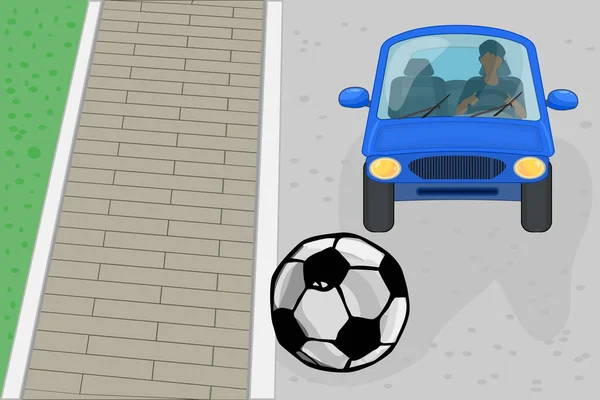 开车在路上打球 球在移动的汽车前面 意外的意外不要在城市街道上玩或进行警告设计 公路或交通安全规则 道路上的危险情况 种群矢量说明 — 图库矢量图片