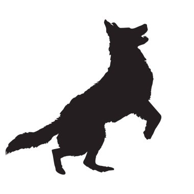 Beyaz arka planda izole edilmiş köpek silueti. Zıplayan köpek simgesi. Bekçi köpeği sembolü. Alman çoban köpeği. Büyük cins evcil köpek arka ayakları üzerinde duruyor. Köpek ayakta mı sıçrıyor mu? Köpek eğitme okulu. Stok vektör illüstrasyonu