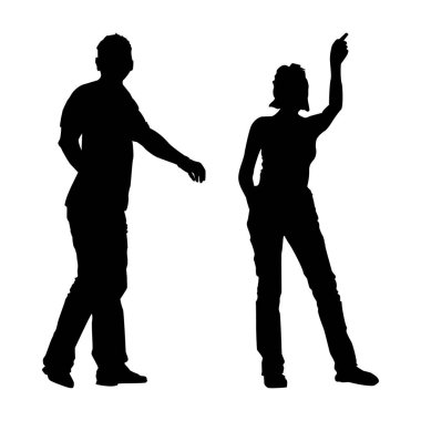 Beyaz arka planda izole edilmiş insan siluetleri. Kadın ve erkeğin siyah silueti. Mutlu aktif genç insanlar. İki genç insan. Stok vektör illüstrasyonu