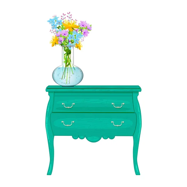 Ladekast Vaas Met Bloemen Geïsoleerd Witte Achtergrond Houten Commode Lange — Stockvector