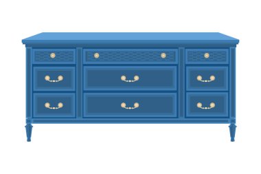 Göğüs çekmeceleri beyaz arka planda izole edilmiş. Küçük bacaklı mavi ahşap tuvalet. Yatak odası mobilyaları ve iç mekan. Yatak odası ve oturma odası için konsol masası. Stok vektör illüstrasyonu