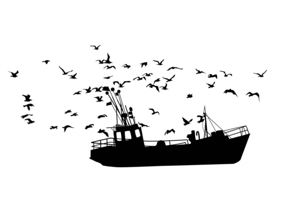 Balıkçı Gemisi Beyaz Arka Planda Izole Edilmiş Bir Sürü Martısı — Stok Vektör