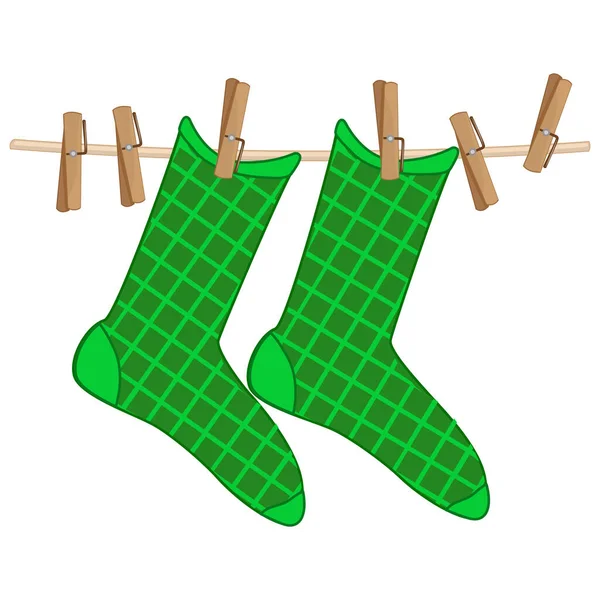 Barevné Ponožky Visící Provaze Izolované Bílém Pozadí Zelené Kostkované Ponožky — Stockový vektor