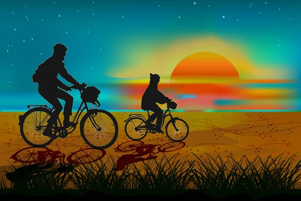 Gün Batımında Bisiklet Gezisi Siluet Baba Çocuk Gün Batımı Gökyüzünün — Stok Vektör