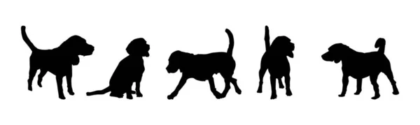 Набор Силуэтов Собака Изолирована Белом Фоне Бегущая Собака Стоящая Сидящая — стоковый вектор