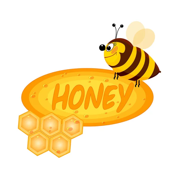 Honinglabel Geïsoleerd Witte Achtergrond Sticker Met Cartoon Bee Honingraat Kop — Stockvector
