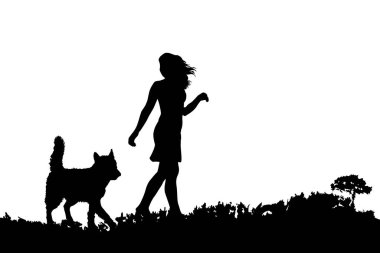 Beyaz arka planda köpekli bir kadın silueti var. Otlakta köpekle yürüyorum. Parkta evcil hayvanıyla bir kadın. Evcil hayvanlarla eğlence ve sağlık aktiviteleri. Stok vektör illüstrasyonu