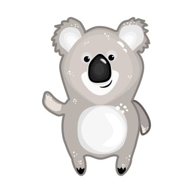 Koala beyaz arka planda izole edildi. Güzel bir çizgi film koala karakteri çıkartması. Mutlu şirin koala el sallıyor. Dost canlısı küçük hayvan maskotu ayakta duruyor. Avustralya 'nın sembolü. Stok vektör illüstrasyonu