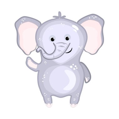 Beyaz arka planda fil izole edilmiş. Mutlu şirin fil el sallıyor. Dost canlısı yavru mamut ayakta ve gülümsüyor. Çizgi film küçük fil maskotu. Afrika ve Güney Asya hayvan sembolü. Stok vektör illüstrasyonu