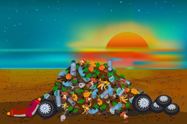 Kumsalda çöp yığını. Şehir çöplüğü. Çevre ve okyanus kirliliği sorunu kavramı. Çöp yığını ve plastik çöplerle dolu şehir çöplüğü. Şehir çöplüğü. Deniz kenarında gökyüzünün altındaki hurdalıkta. Stok vektör illüstrasyonu