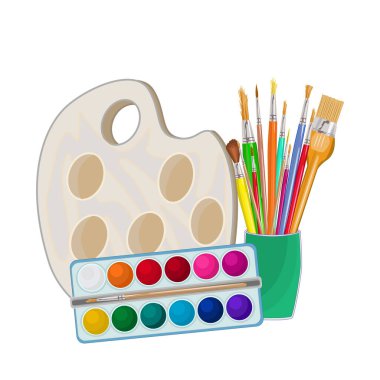 Drawing creative materials set isolated on white background. Watercolor paint, palette and paintbrushes in cup. Painting tools elements design for artists shop, art salon, class or studio. Art supplies. Stock vector illustration