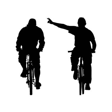 Cyclists silhouette isolated on white background. Two cyclist riding bicycle front view. Biker friends outdoor enjoying in bike driving. Urban leisure activities in spring and summer. People ride bicycles. Stock vector illustration