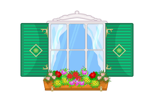 Window with shutters and flowers isolated on white background. Vintage european wooden window with hanging flower garden. Home window with curtains and flowering blossoms on sill. House spring facade with green plants in flowerpot.Vector illustration