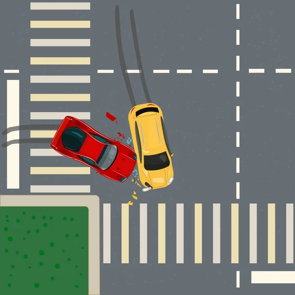 Road Accident Two Cars Crash City Crossroad Top View Street — Vetor de Stock