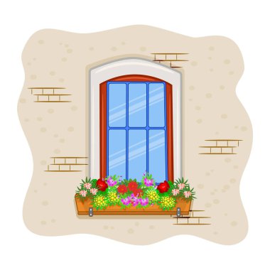 Window with flowers in pot isolated on white background. Vintage european wooden window with hanging flower garden. Home window and flowering blossoms on sill. House spring facade with green plants in flowerpot. Stock vector illustration
