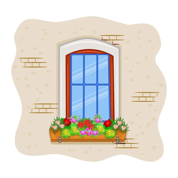 Fönster Med Blommor Kruka Isolerad Vit Bakgrund Vintage Europeiska Träfönster — Stock vektor