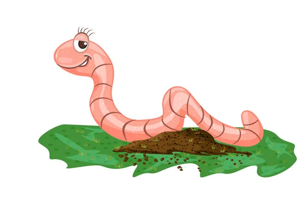 바탕에 외따로 떨어져 흙더미 벌레가 마스코트 분홍색 지렁이 캐릭터로 유명하다 — 스톡 벡터