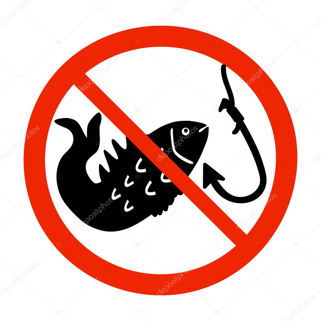 No fishing area sign. Red circle icon with fish silhouette and hook. Insignia prohibiting fishing in this place.Environment protection pictogram.Ban emblem with crossed fish and fishhook for mark forbidden type of recreation.Stock vector illustration