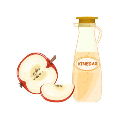 Beyaz arka planda izole edilmiş kırmızı elma ve bir şişe sirke. Cam sürahide meyve sirkesi. Pişirme, pişirme, salata sosu ve korunma malzemeleri. Lezzetli, ılık esans sürahisi. Konserve ve yemek sosu. Stok vektör illüstrasyonu