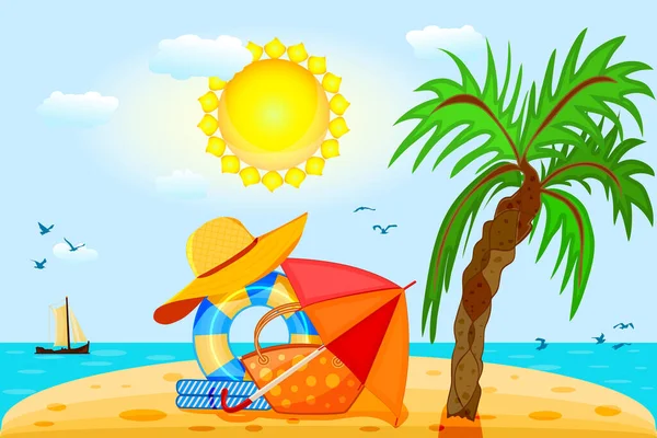 Summer vacation concept. Sand beach island with holiday items. Beach umbrella, hat, bonnet, handbag, towel and inflatable on resort seashore. Vacation, rest or summertime design. Relax things on sands, ocean, sea and sunny sky background. Vector