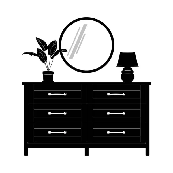 Dřevěné Zboží Zásuvkami Zrcadlem Květináčem Lampou Izolované Bílém Pozadí Šatník — Stockový vektor