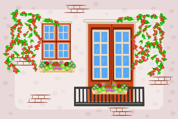 Balkon Und Fenster Eines Hauses Oder Mehrfamilienhauses Mit Blumen Topf — Stockvektor