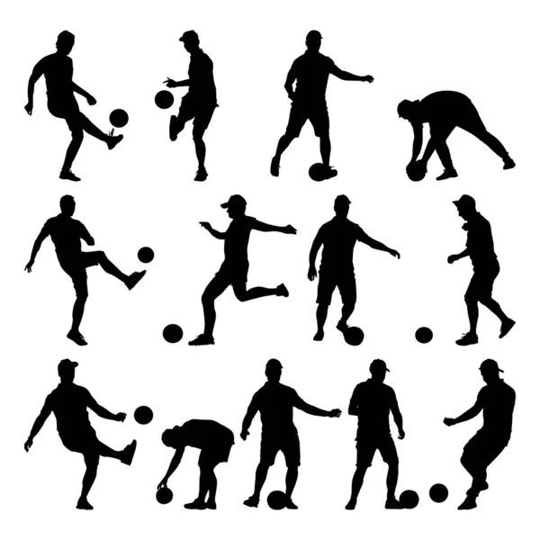 Set Soccer Players Silhouettes Isolated White Background Group Footballers Ball — Stock Vector