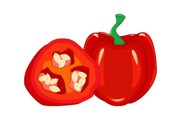 在白色背景上隔离的完整的 切片的牛犊铃状木瓜 卡通红饥饿的红辣椒图标 甜辣椒的食物配料和香料 有机蔬菜 农产品 种群矢量说明 — 图库矢量图片