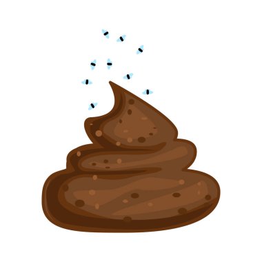 Poop isolated on white background. Shit with flies icon. Bunch of brown dung. Pile of dog crap. Cartoon style feces. Insects flying around the dark stinky excrement. Stock vector illustration