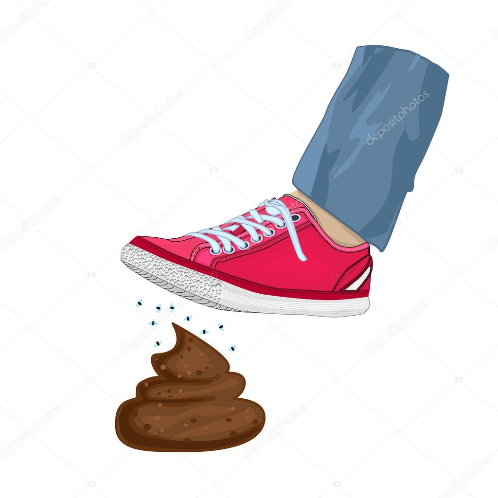 Man foot stepping into dog poop. Human step on poo. Men foot with sneakers stepped on animal shit. Unpleasant surprise, unexpected problems, bad day or karma concept. Shit happens. Stock vector illustration