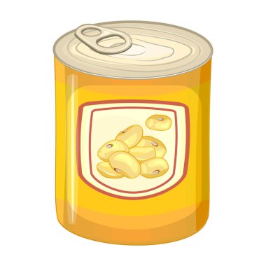 Soya fasulyesi tenekesi beyaz arka planda izole edilmiş. Konserve, haşlanmış, soslu ya da soya fasulyesinin yoğunlaştırılmış hali. Yemeği, uzun vadeli depolama konseptini ve fırında soya fasulyesini muhafaza et. Konserve yemek malzemesi. Vektör illüstrasyonu