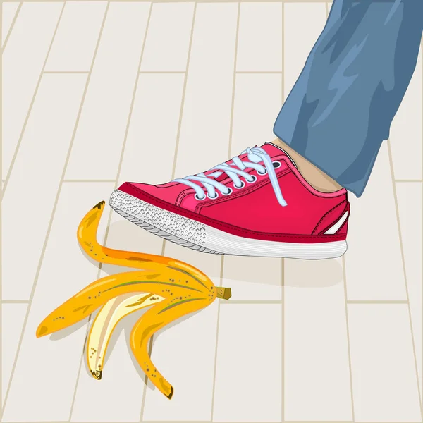 バナナの皮の靴のステップで足 危険な滑りやすい黄色の果実の皮膚の歩道に横たわって足を踏んでください 男はバナナの皮を剥いだ 間違い 誤りの危険 予期しない事故 事故またはビジネスリスクの概念 ストックベクトルイラスト — ストックベクタ