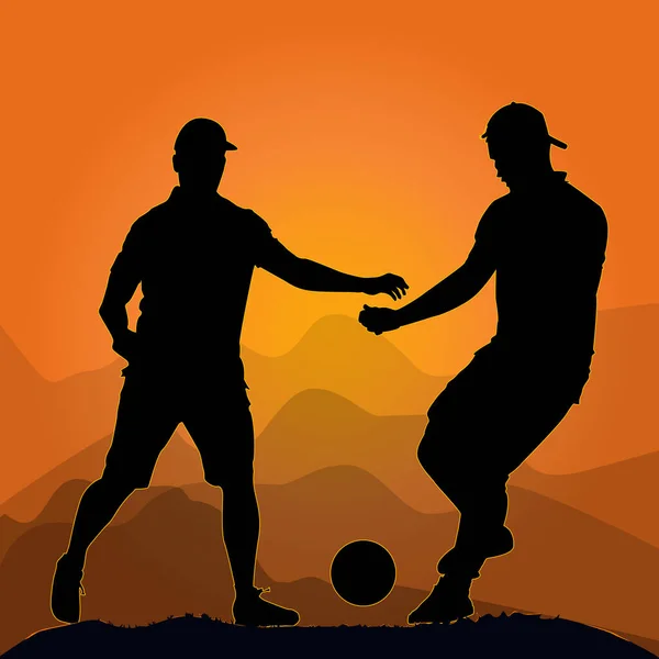Soccer Players Sunset Footballer Silhouettes Soccer Ball Hill Background Football — Stock Vector