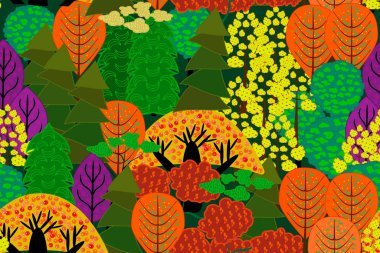 Seamless pattern with autumn forest. Stylized colorful trees. Texture or backdrop with abstract elements of plants. Multicolored tree crowns background. Red, yellow, orange and green wood pattern. Fall seasonal decor. Stock vector illustration