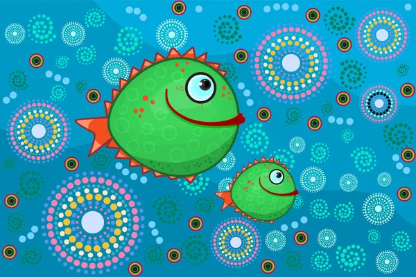 Aboriginal Dot Art Painting Fish Underwater Life Concept Sea Landscape — Stockvektor
