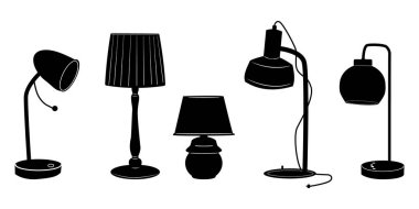 Table lamps icon set isolated on white background. Lamp black silhouettes. Home, night, hotel or office desk lampshade. Desk bulb sign. Lighting devices symbol. Electric interior furniture. Stock vector illustration